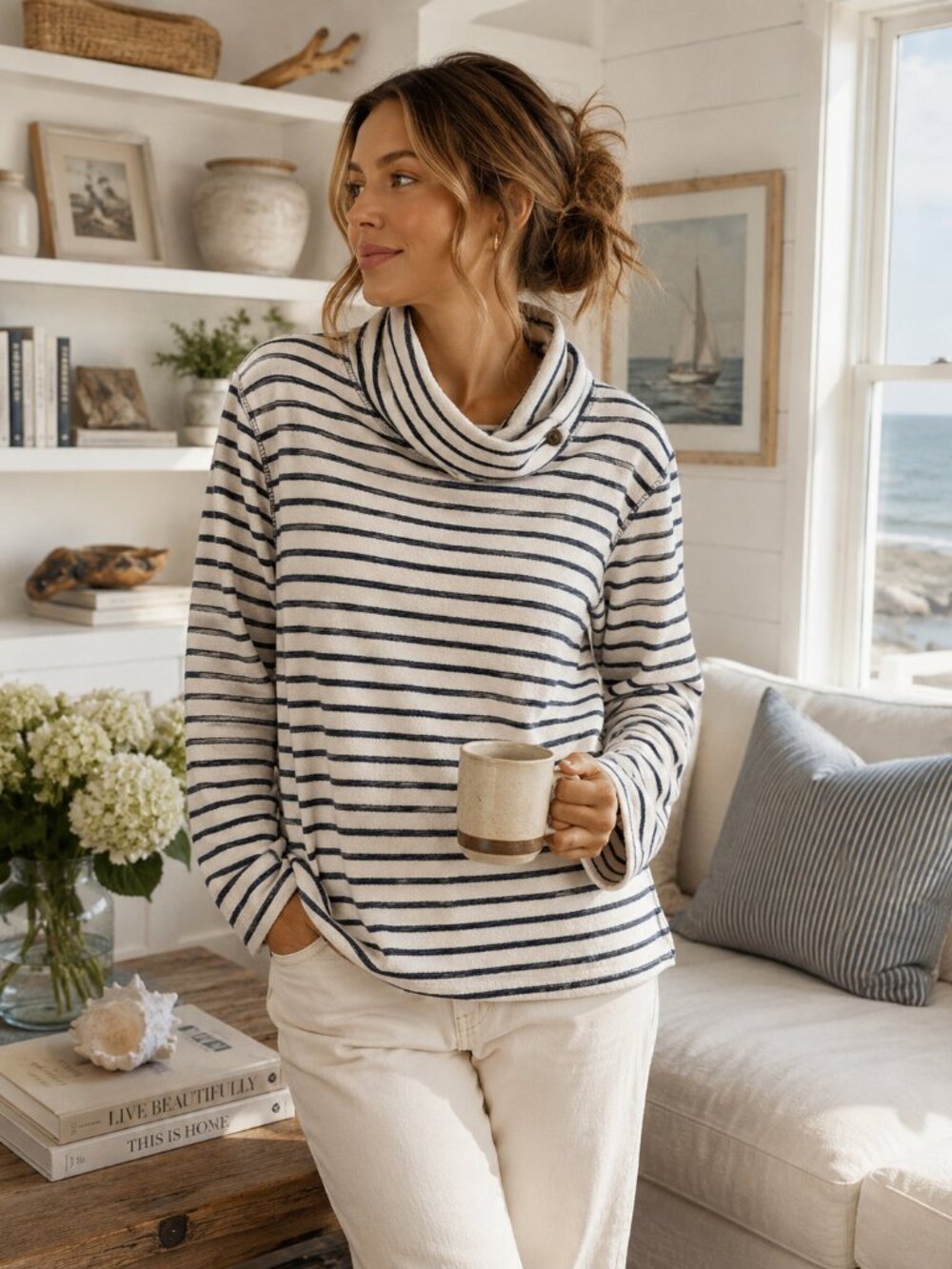 Chaps Striped Terry Knit Cowl Neck Pullover Sweater XL Coastal Nautical